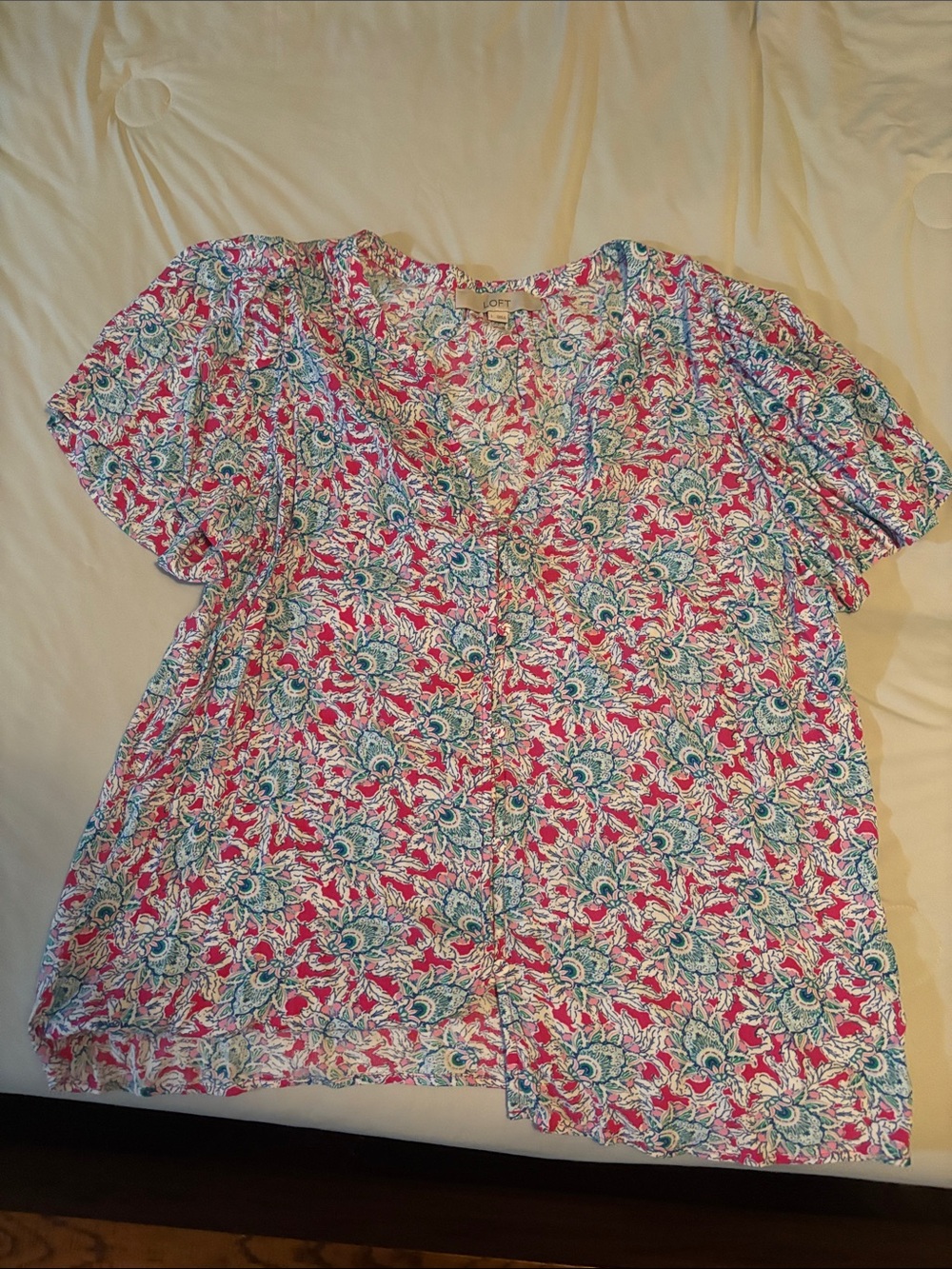 LOFT Pink and Blue Floral V-Neck Short Sleeve Blouse